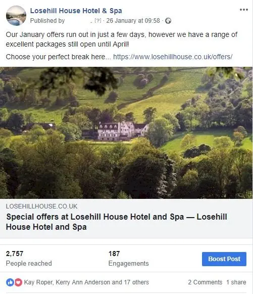 Example of a Facebook offer promoted post with reach & engagement stats