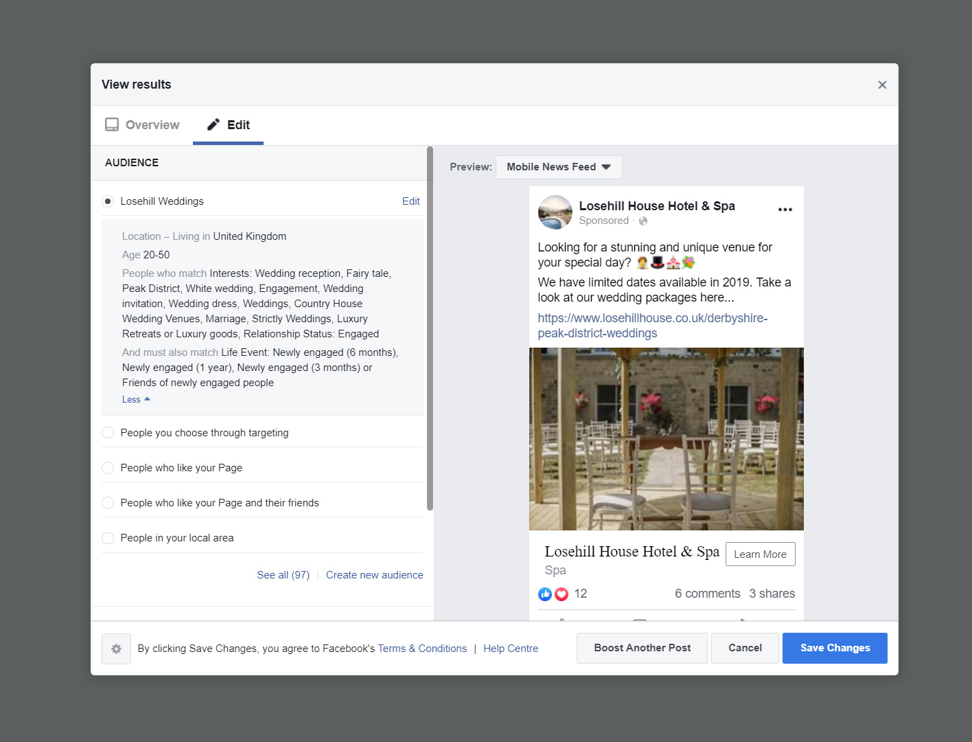 Facebook audience targetting example for a hotel & spa