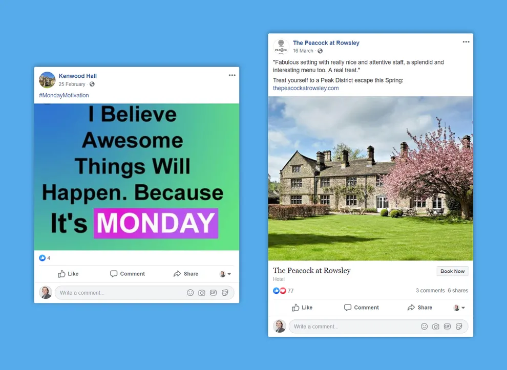 An example of a social media post for a luxury hotel that isn't consistent with the business's presence or aims (left), compared with a social media post for a luxury hotel that is consistent with the business's presence or aims (right).