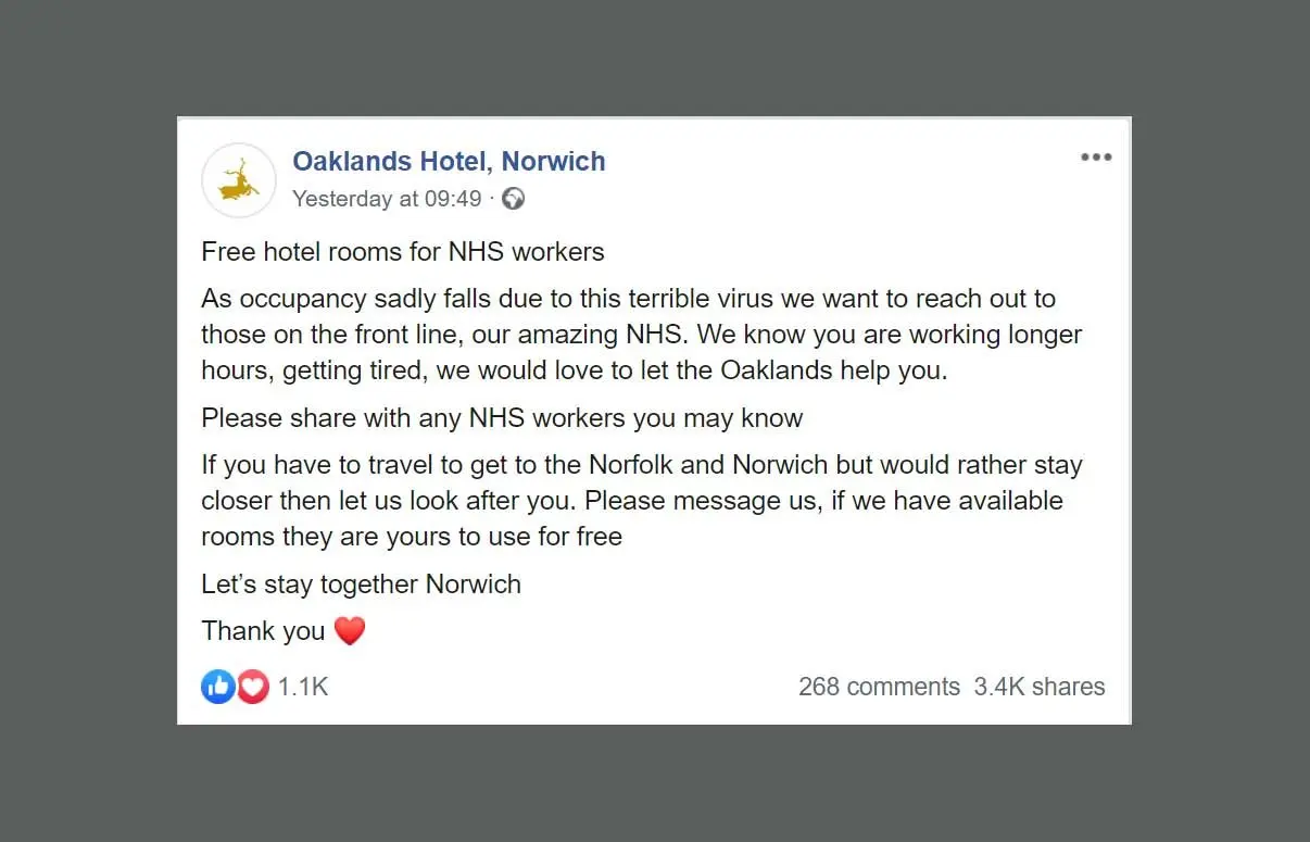 Free hotel room for NHS workers