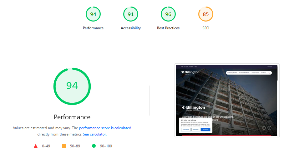 Image of page speed insight for Billington Holdings website