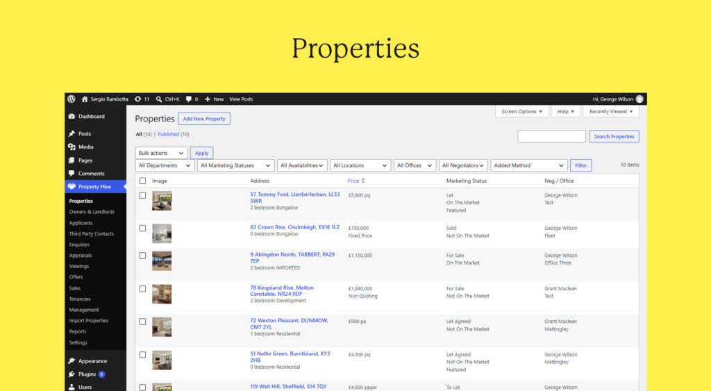 Example image of Property Hive's management menu in the WordPress CMS